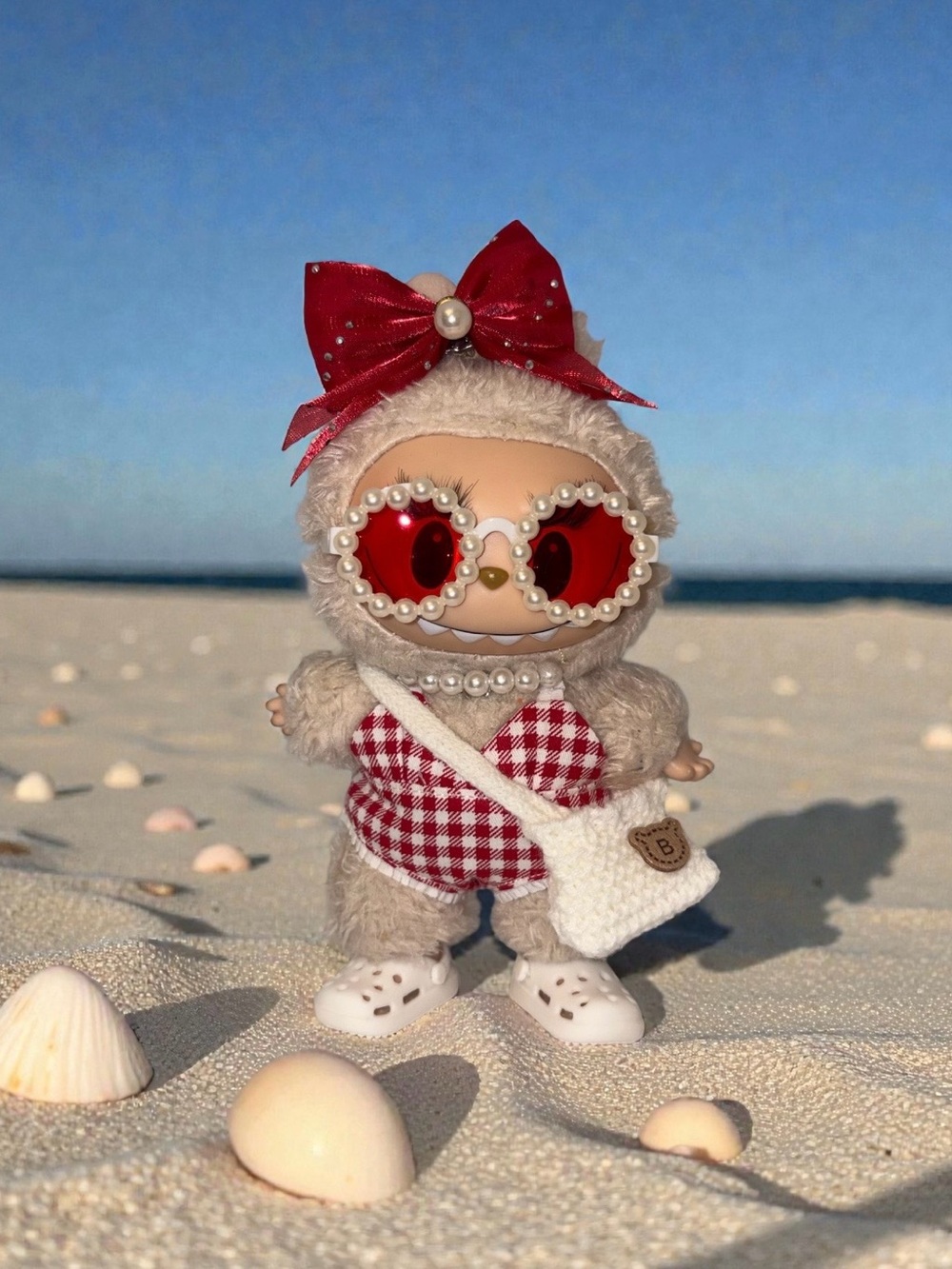 Red & Cream Checkered Siren Swimsuit Set 17cm Labubu